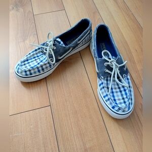 Sperry Women's Top Sider Plaid Canvas Blue & White Boat Shoes Size US 7M